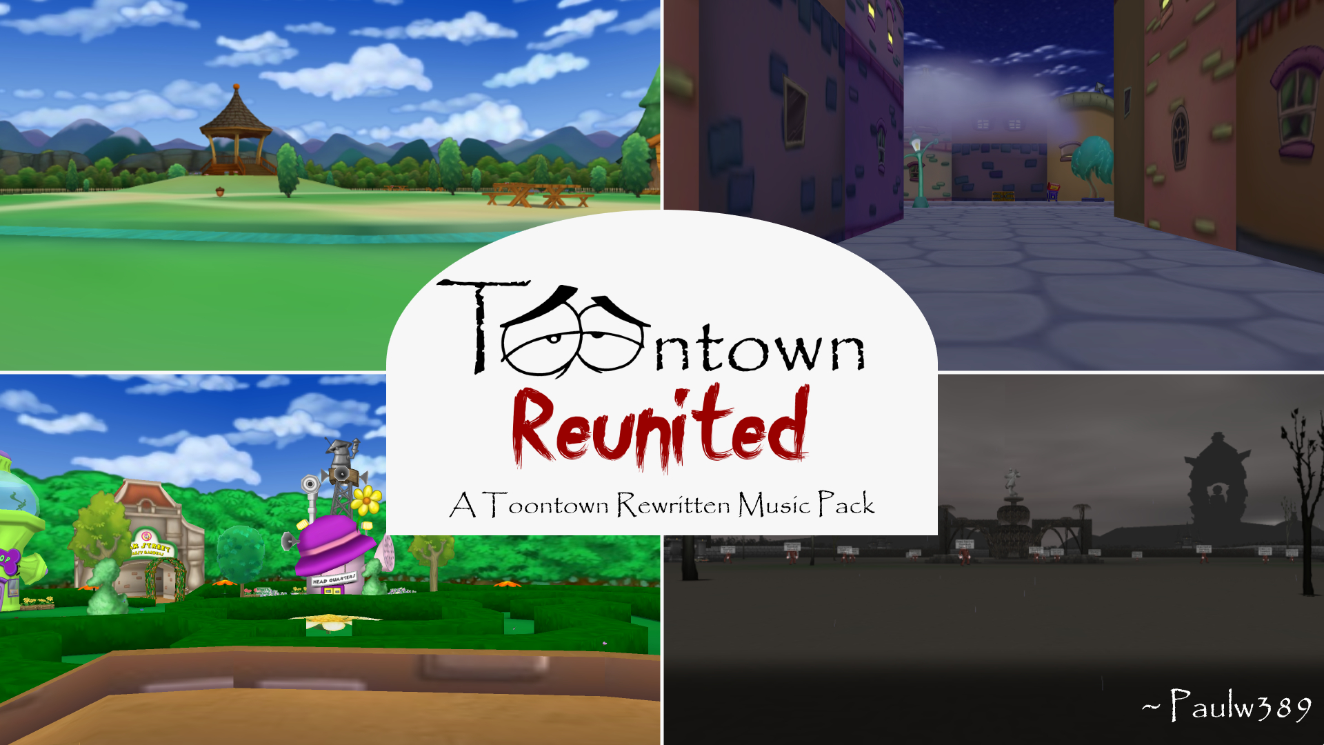 Toontown Reunited logo centered with locations of Toontown surrounding the logo