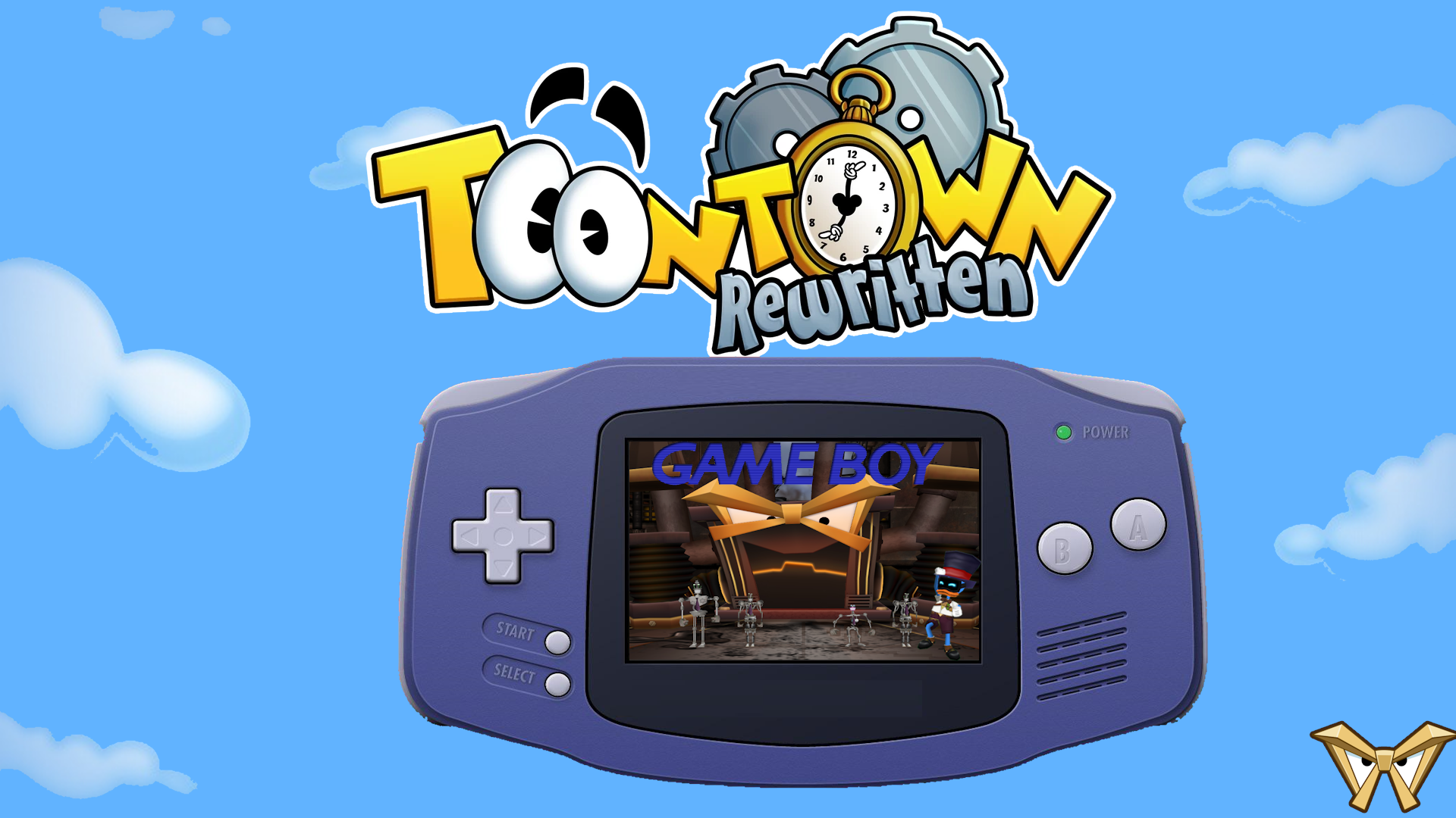 Toontown Rewritten logo with a purple Gameboy displaying the boiler.